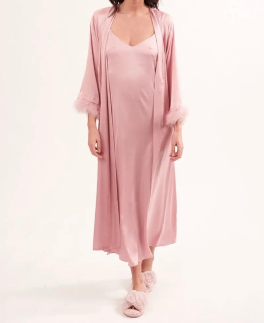 Peignoir Femme Satin Rose avec Plumes – Élégance et Raffinement