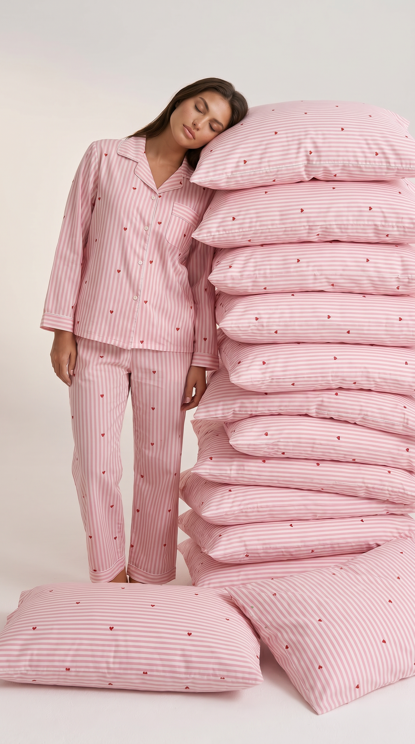 Pyjama Femme Rose à Rayures et Petits Cœurs – Ensemble de Nuit Doux et Confortable