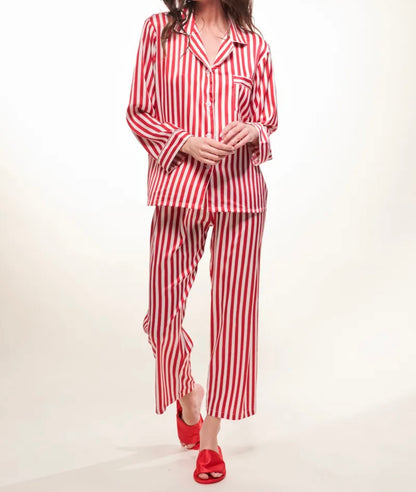 Pyjama Femme Satin Rayé Rouge & Blanc – Ensemble de Nuit Élégant