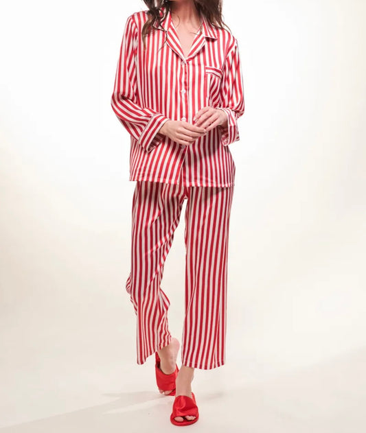 Pyjama Femme Satin Rayé Rouge & Blanc – Ensemble de Nuit Élégant